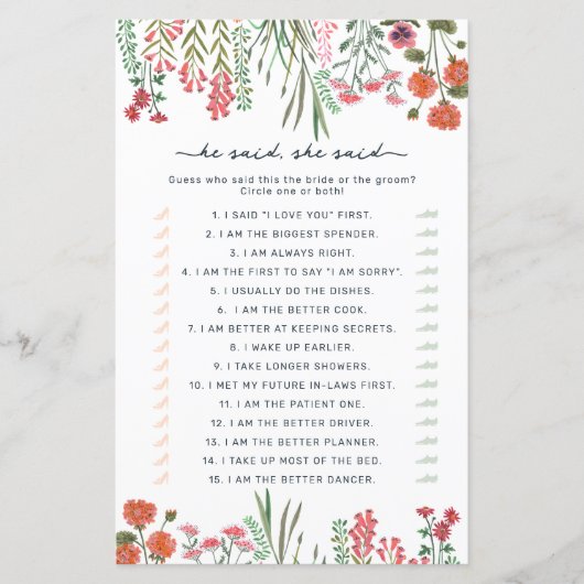 ワイルドフラワーズは彼女がブライダルシャワーゲームを言った (正面)