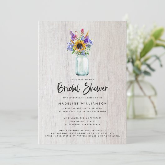ワイルドフラワーズアンドサンフラワーズメイソンジャーブライダルシャワー 招待状 (スタンド正面)