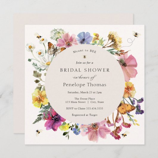 ワイルドフラワーズアンドビーミッドサマーフローラブライダルシャワー 招待状 (正面/裏面)
