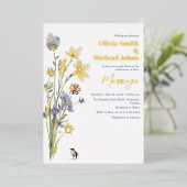 ワイルドフラワーズウォーター色金ゴールド結婚式招待状 箔シーズンカード (立ち正面)