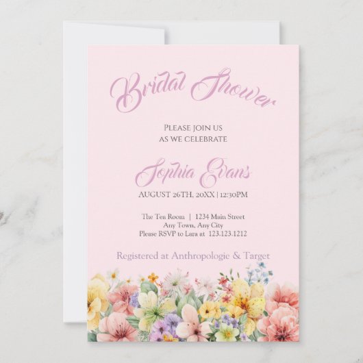 ワイルドフラワーズガーデンかわいらしピンクブライダルシャワー 招待状 (正面)