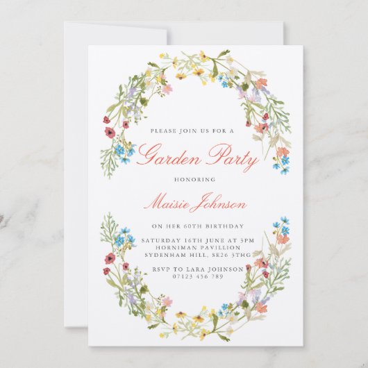 ワイルドフラワーズガーデン素朴パーティー誕生日 招待状 (正面)