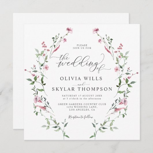 ワイルドフラワーズガーデン赤面ほこりっぽいバラボホ結婚ズ 招待状 (正面/裏面)