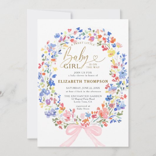 ワイルドフラワーズガーデン ボウ スイートベイビーガール シャワー 招待状 (正面)