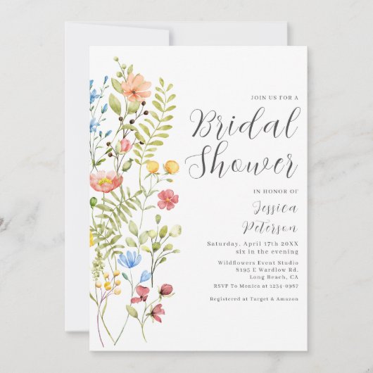 ワイルドフラワーズグリーンエレガントリーガーデンブライダルシャワー 招待状 (正面)