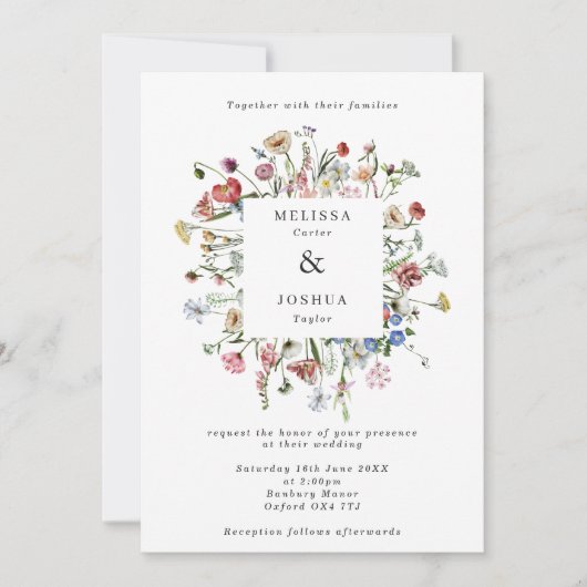 ワイルドフラワーズスクエアフレームエレガントな結婚式 招待状 (正面)