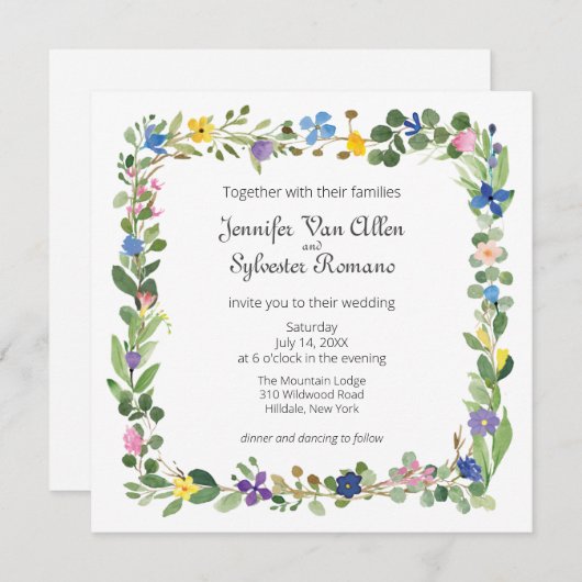 ワイルドフラワーズスクエア結婚フレームのフラットカード (正面/裏面)