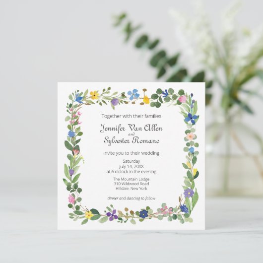 ワイルドフラワーズスクエア結婚フレームのフラットカード (スタンド正面)