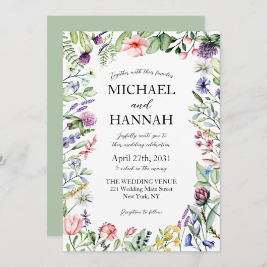 ワイルドフラワーズセージグリーンエレガント結婚式招待状 招待状 (正面/裏面)