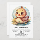 ワイルドフラワーズダックモダン誕生日 招待状 (正面/裏面)