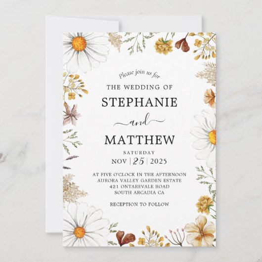 ワイルドフラワーズデイジーボタニカルウォーター結婚カラー 招待状 (正面)