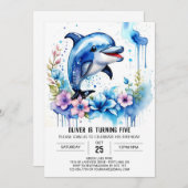 ワイルドフラワーズドルフィン魔法誕生日 招待状 (正面/裏面)