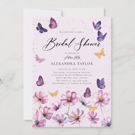 ワイルドフラワーズバタフライピンクガーデンブライダルシャワー 招待状 (正面)