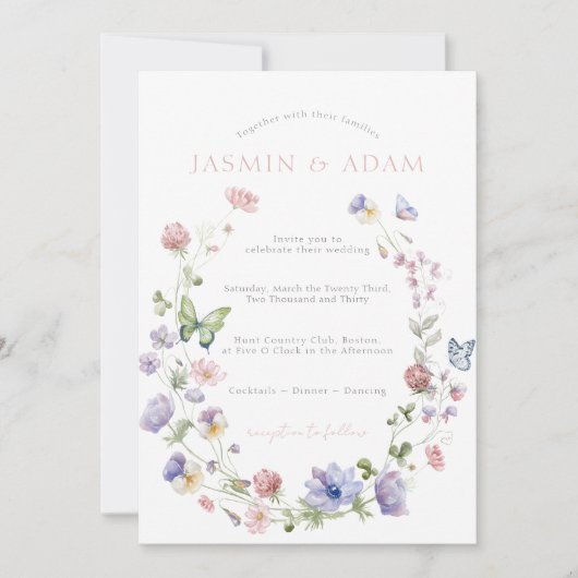 ワイルドフラワーズバタフライピンク結婚式招待状 招待状 (正面)