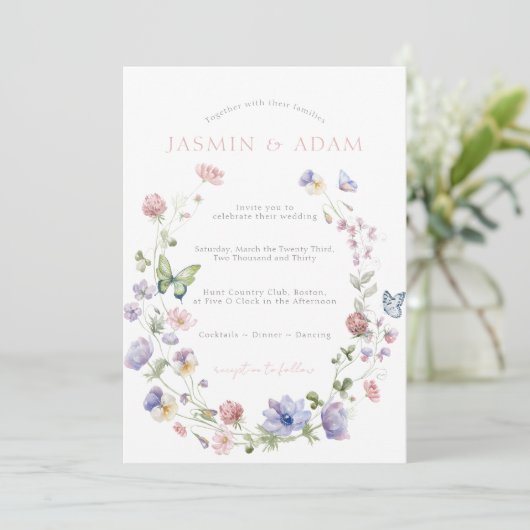 ワイルドフラワーズバタフライピンク結婚式招待状 招待状 (スタンド正面)