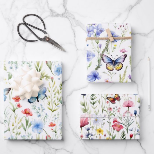 ワイルドフラワーズバタフライベビーシャワー誕生日 ラッピングペーパーシート (正面)