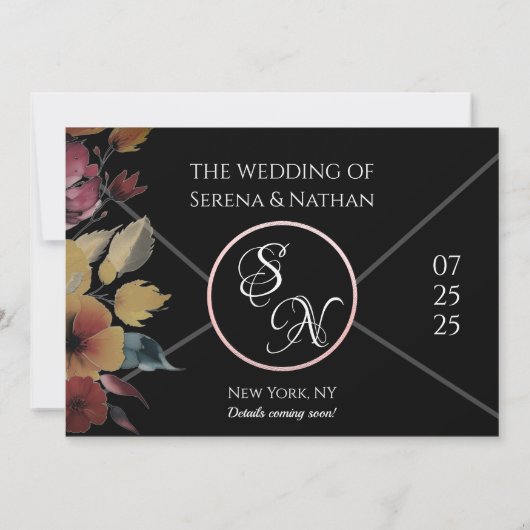 ワイルドフラワーズバラ金ゴールド日付の写真カードを保存 セーブザデート (裏面)