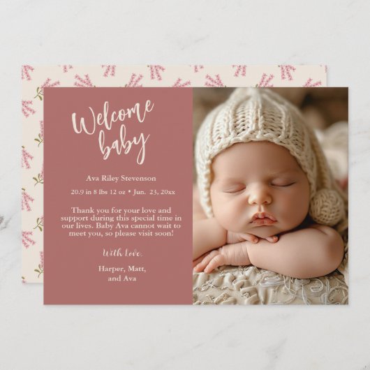 ワイルドフラワーズピンクフローラスイートベビーガール誕生 案内状 (正面/裏面)