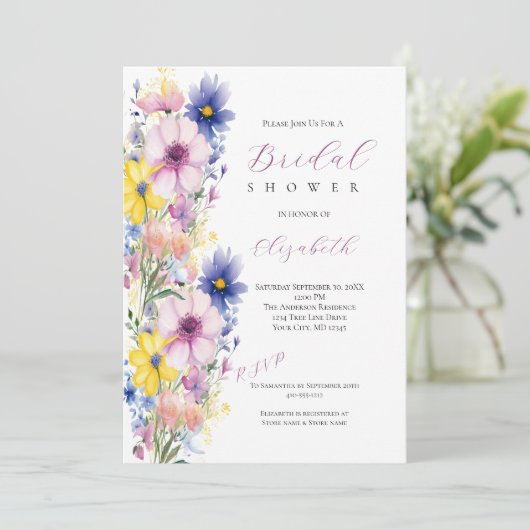ワイルドフラワーズピンクブルーイエローブライダルシャワー 招待状 (スタンド正面)