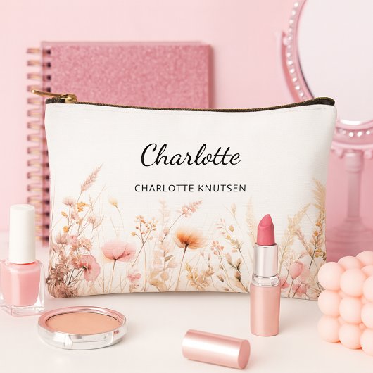 ワイルドフラワーズピンクベージュモノグラム名 アクセサリーポーチ
