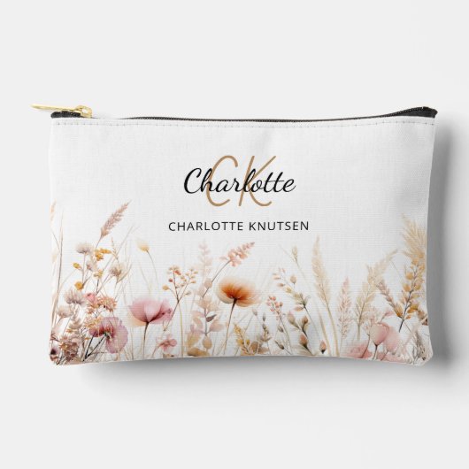 ワイルドフラワーズピンクベージュモノグラム名 アクセサリーポーチ (正面)
