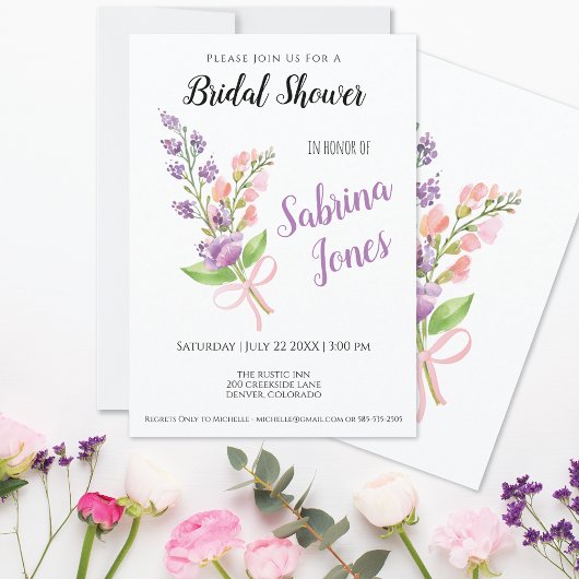 ワイルドフラワーズピンクリボンブーケブライダルシャワー 招待状
