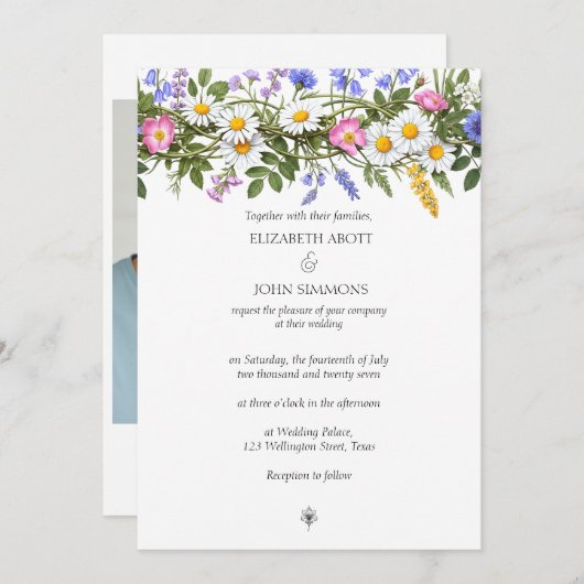 ワイルドフラワーズフローラカスタム水彩写真結婚の写真 招待状 (正面/裏面)