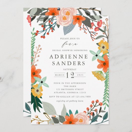 ワイルドフラワーズフローラフレームブライダルシャワー 招待状 (正面/裏面)