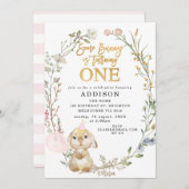 ワイルドフラワーズフローラリースソフバニー誕生日 招待状 (正面/裏面)