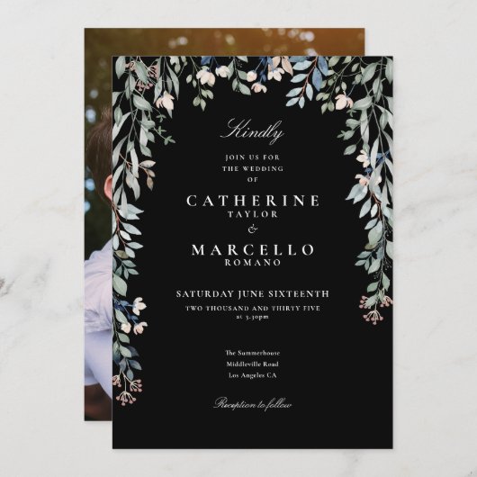 ワイルドフラワーズフローラ写真白黒結婚ズ 招待状 (正面/裏面)