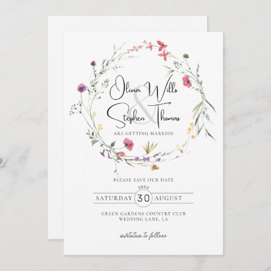 ワイルドフラワーズフローラ植物紫色の日付を保存 招待状 (正面/裏面)