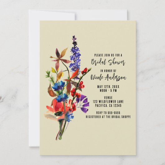 ワイルドフラワーズフローラ水彩ベージュブライダルシャワー 招待状 (正面)