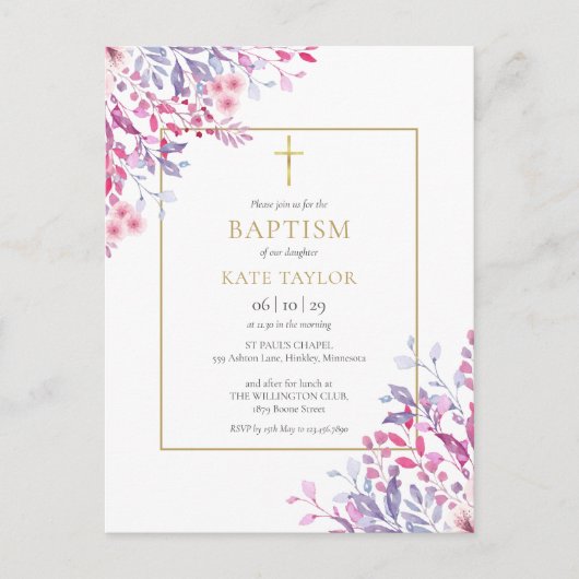 ワイルドフラワーズフローラ金ゴールドバプテスマ《キリスト教》洗礼式や命名式 インビテーションポストカード (正面)