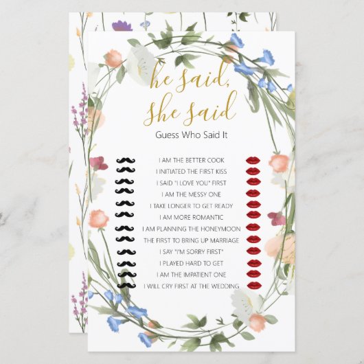 ワイルドフラワーズブライダルシャワーが言った、彼女はゲームを言った (正面/裏面)