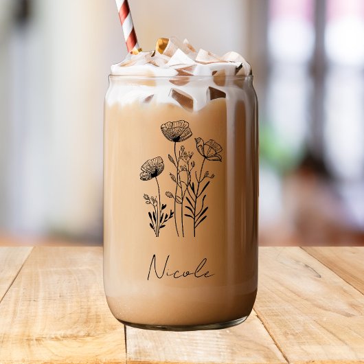 ワイルドフラワーズブラックハンドスケッチ名前をカスタムする ガラス缶