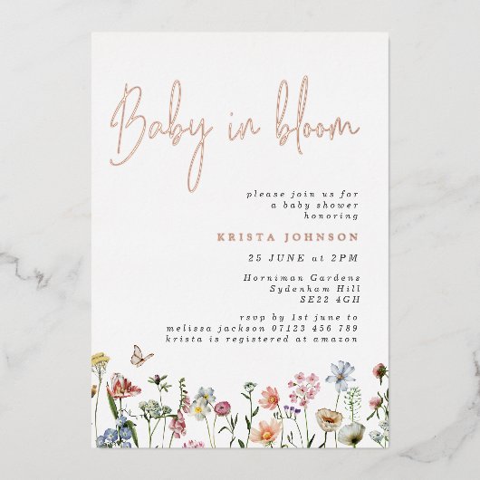 ワイルドフラワーズベビーイン開花ベビーシャワーバラ金ゴールド 箔招待状 (正面)