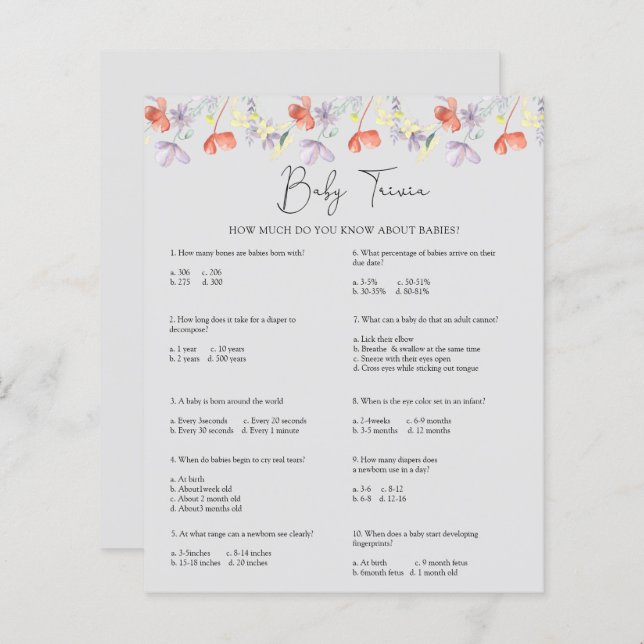 ワイルドフラワーズベビートリビア |赤ちゃんシャワーゲーム (正面/裏面)