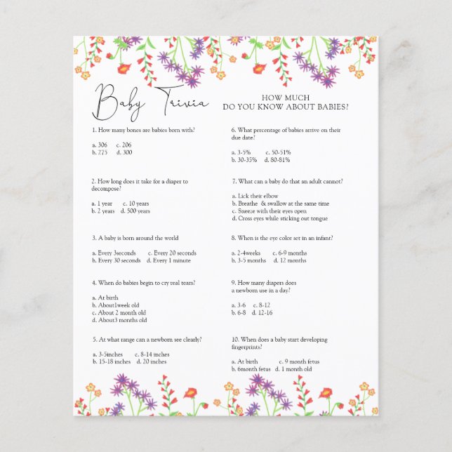 ワイルドフラワーズベビートリビア |赤ちゃんシャワーゲーム (正面)