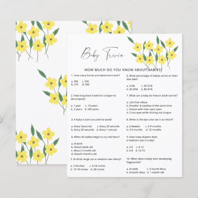 ワイルドフラワーズベビートリビア |赤ちゃんシャワーゲーム (正面/裏面)