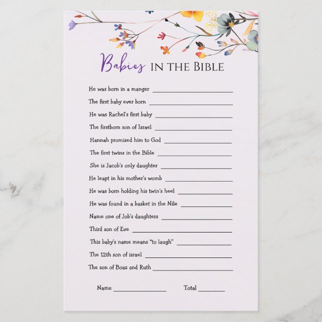 ワイルドフラワーズベビーバイブル赤ちゃんシャワーゲーム (正面)