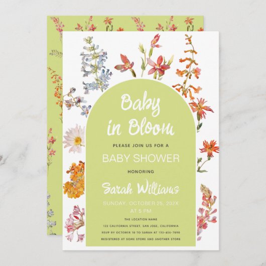 ワイルドフラワーズベビー開花シャワーグリーンアーチフローラ 招待状 (正面/裏面)
