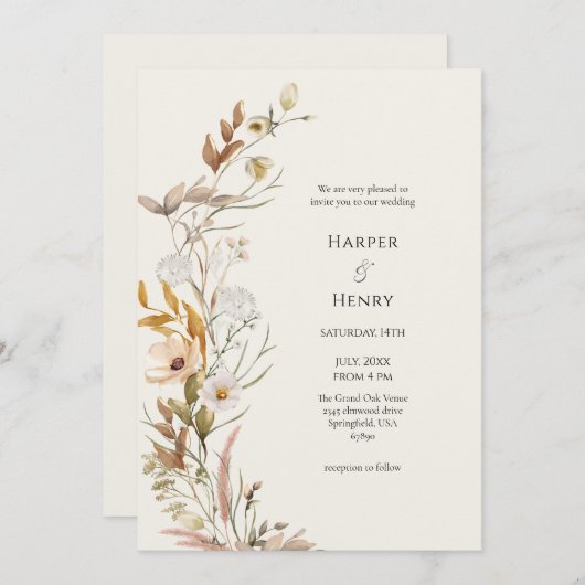 ワイルドフラワーズベージュアイボリーボホボタニカル結婚ズ 招待状 (正面/裏面)