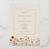 ワイルドフラワーズボホセージグリーン結婚金ゴールド 箔招待状 (正面)