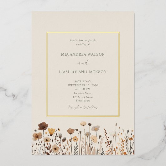 ワイルドフラワーズボホセージグリーン結婚金ゴールド 箔招待状 (正面)