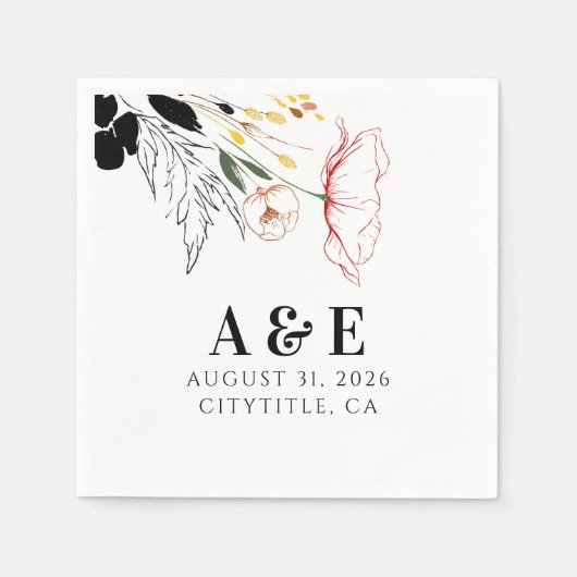 ワイルドフラワーズボホモダンブラックアクセント スタンダードカクテルナプキン (正面)