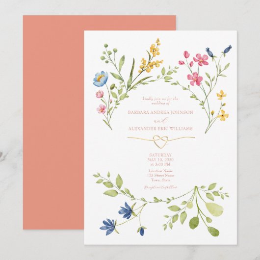 ワイルドフラワーズボホーピーチ結婚式招待状 招待状 (正面/裏面)