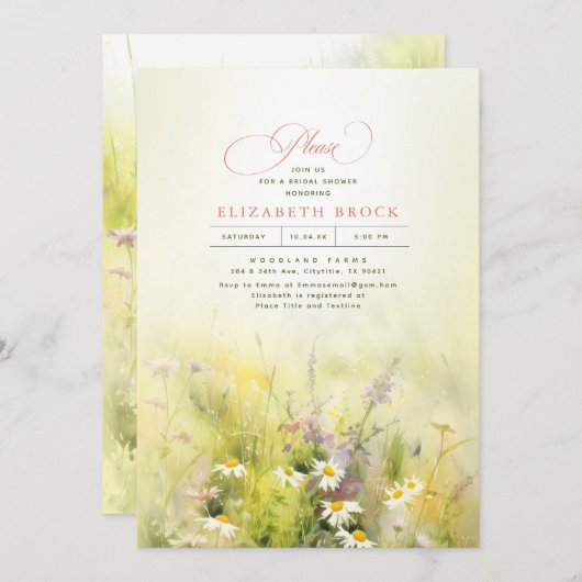 ワイルドフラワーズメドウエレガントブライダルシャワー 招待状 (正面/裏面)