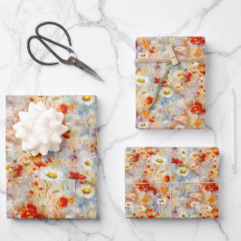 ワイルドフラワーズメドーレッドポピーデイジー ラッピングペーパーシート