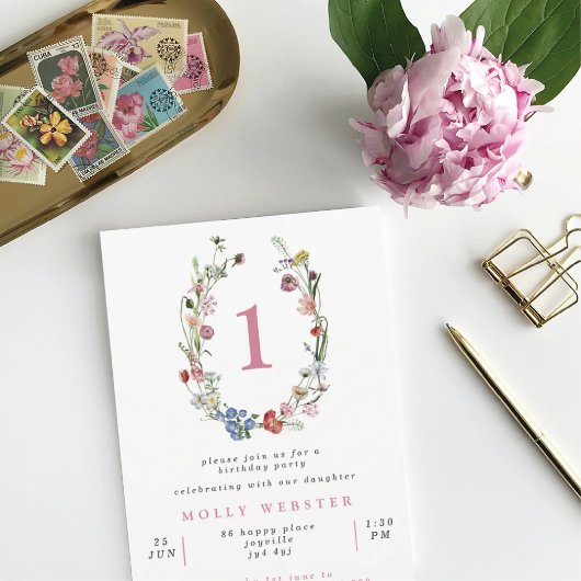 ワイルドフラワーズリースガールの最初の誕生日パーティー 招待状