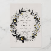 ワイルドフラワーズリースモダン金ゴールドエレガントな結婚式 箔招待状 (正面)